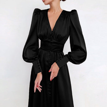 Sylis party dress with V-neck and puff sleeves for ladies