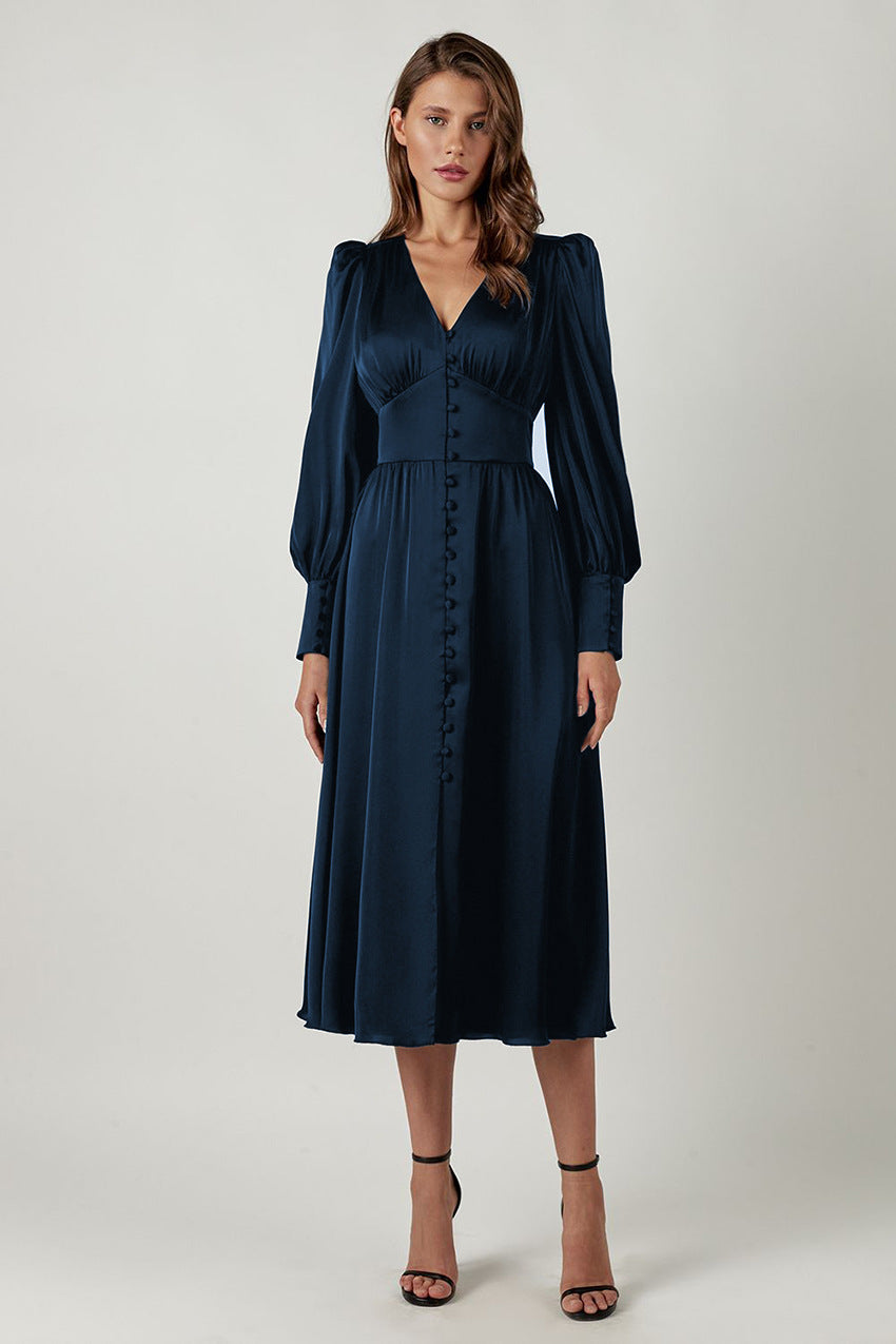 Sylis | Elegant party dress with V neck and puff sleeves for women