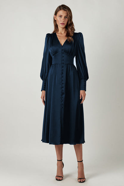 Sylis | Elegant party dress with V neck and puff sleeves for women
