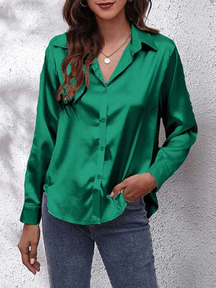 Satin blouse for women - Loose fit - Button placket - Long silk sleeves