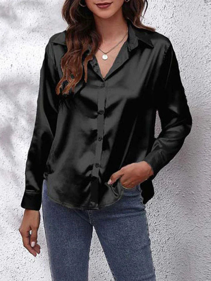 Satin blouse for women - Loose fit - Button placket - Long silk sleeves