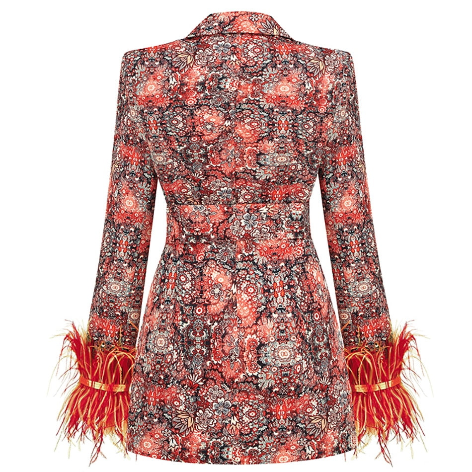 Sylis | V neck blazer dress with feathers and abstract pattern for women