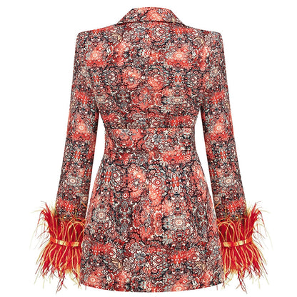 Sylis | V neck blazer dress with feathers and abstract pattern for women