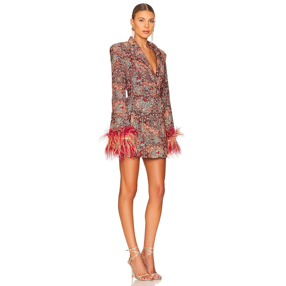 Sylis | V neck blazer dress with feathers and abstract pattern for women