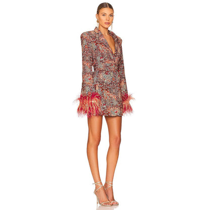 Sylis | V neck blazer dress with feathers and abstract pattern for women