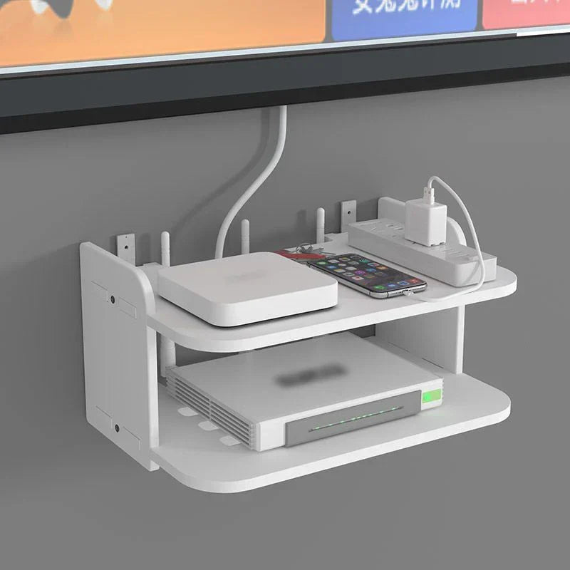 SkyConnect Home | WLAN Router Wall Shelf | Hidden Cable Organizer & Socket Holder | Floating Shelf for TV Box & More | White | 40×12×8 cm