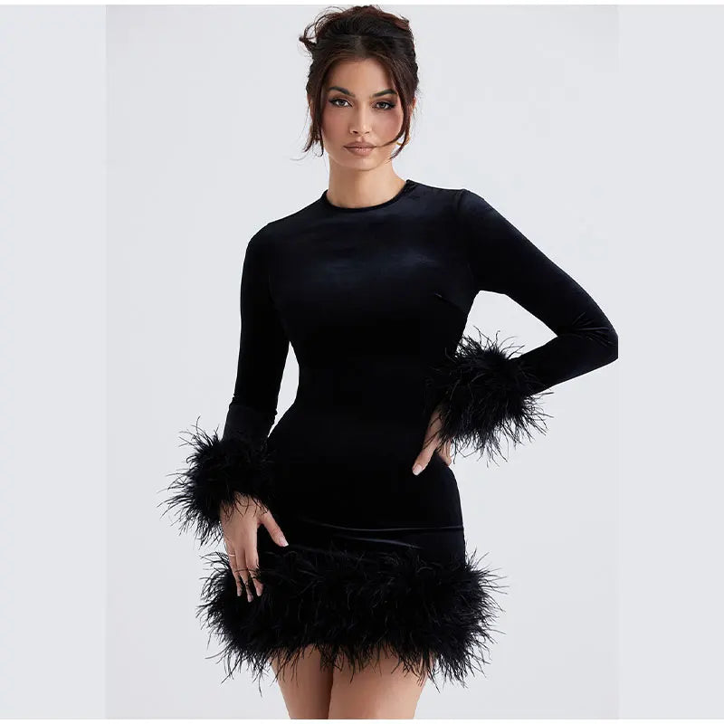 Sylis | Elegant fitted dress with feather embellishments on the sleeves