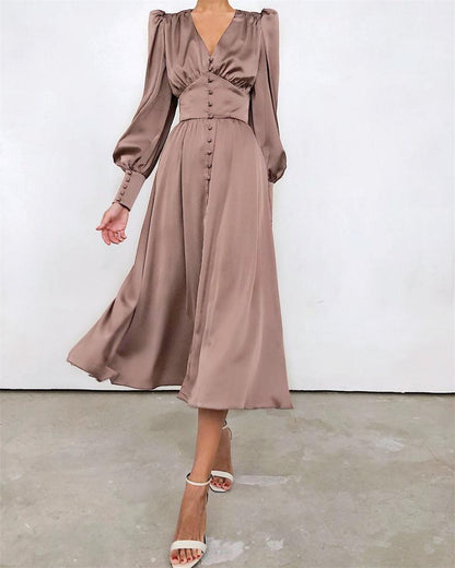 Sylis | Elegant party dress with V neck and puff sleeves for women