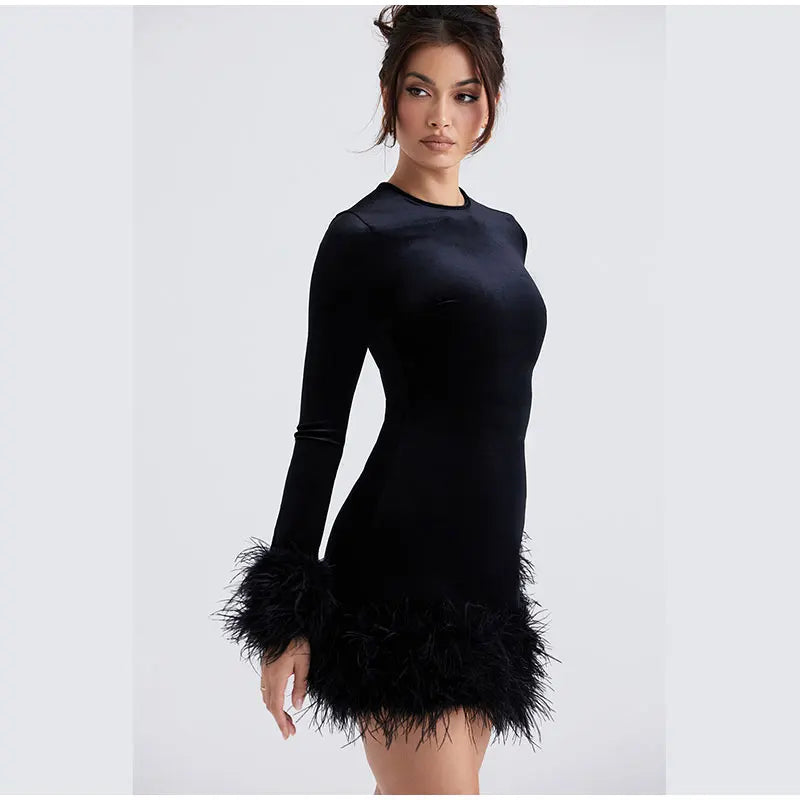 Sylis | Elegant fitted dress with feather embellishments on the sleeves