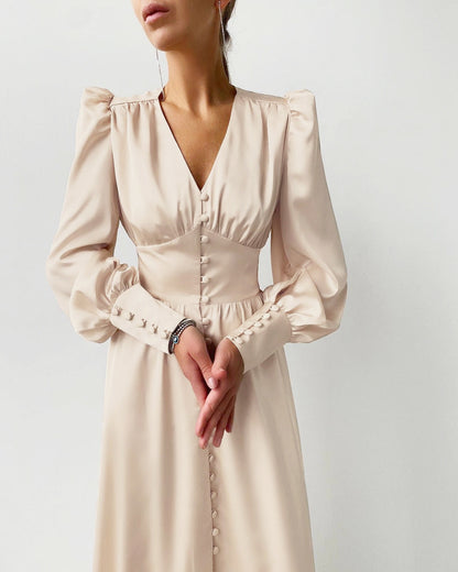 Sylis | Elegant party dress with V neck and puff sleeves for women
