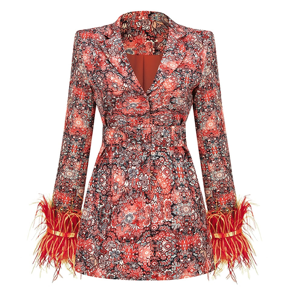 Sylis | V neck blazer dress with feathers and abstract pattern for women