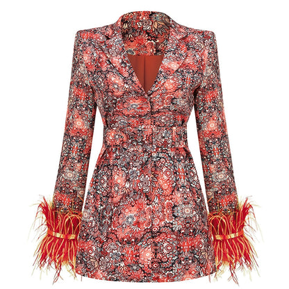 Sylis | V neck blazer dress with feathers and abstract pattern for women