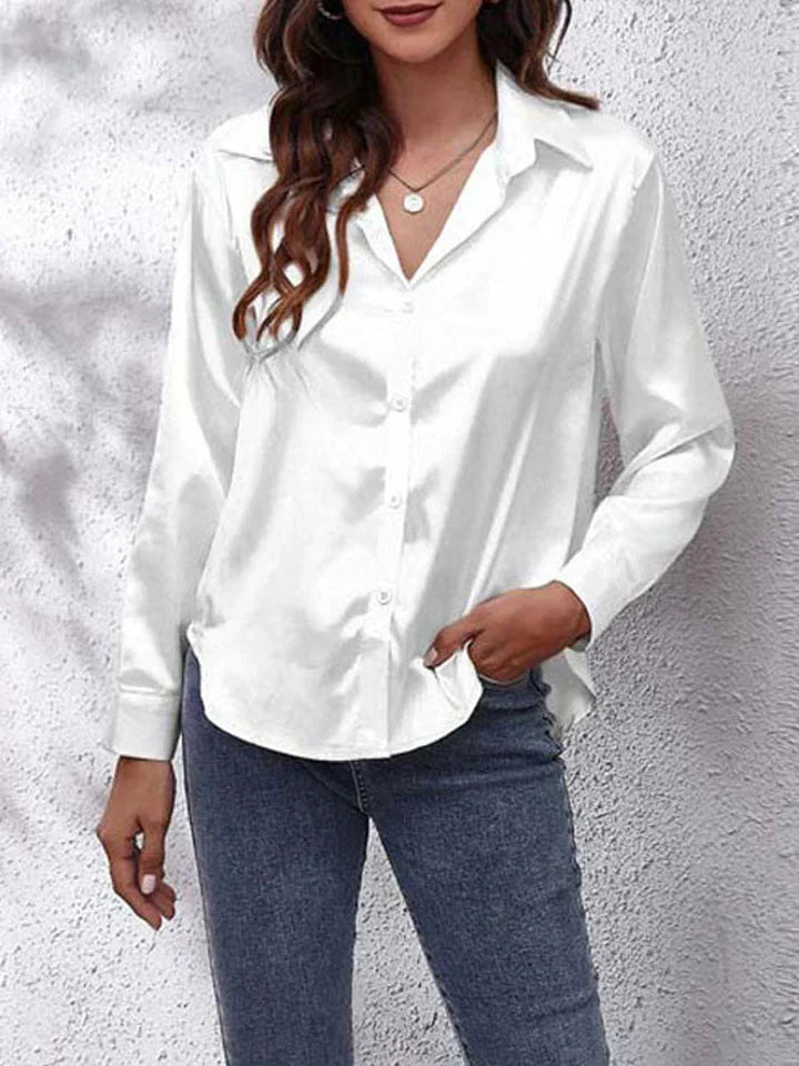 Satin blouse for women - Loose fit - Button placket - Long silk sleeves