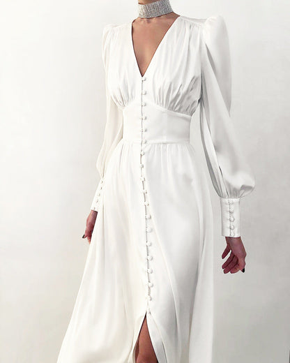 Sylis | Elegant party dress with V neck and puff sleeves for women