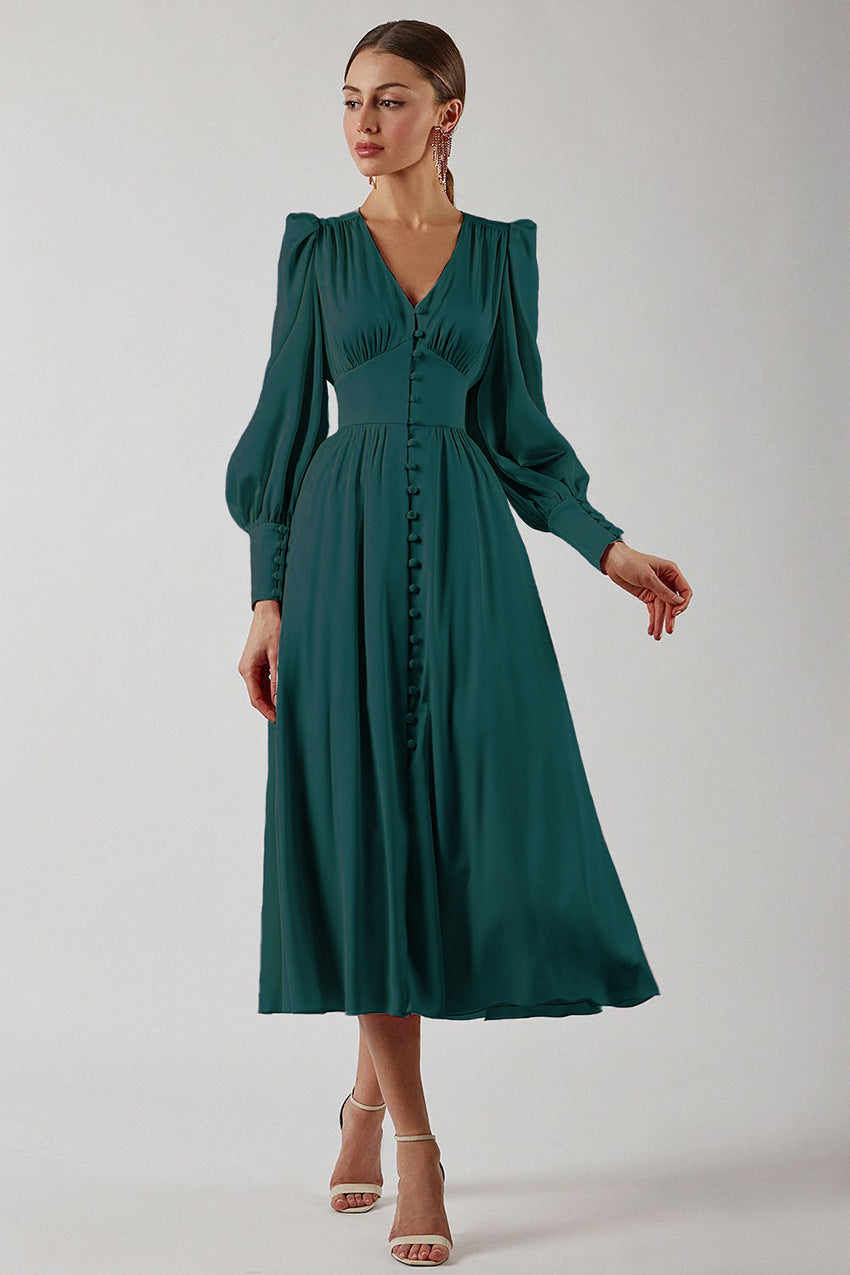 Sylis | Elegant party dress with V neck and puff sleeves for women