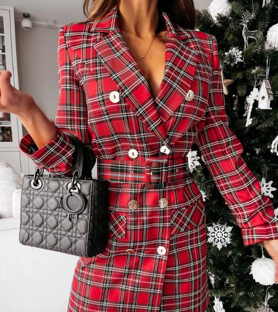Sylis | checked dress coat with double row of buttons and belt