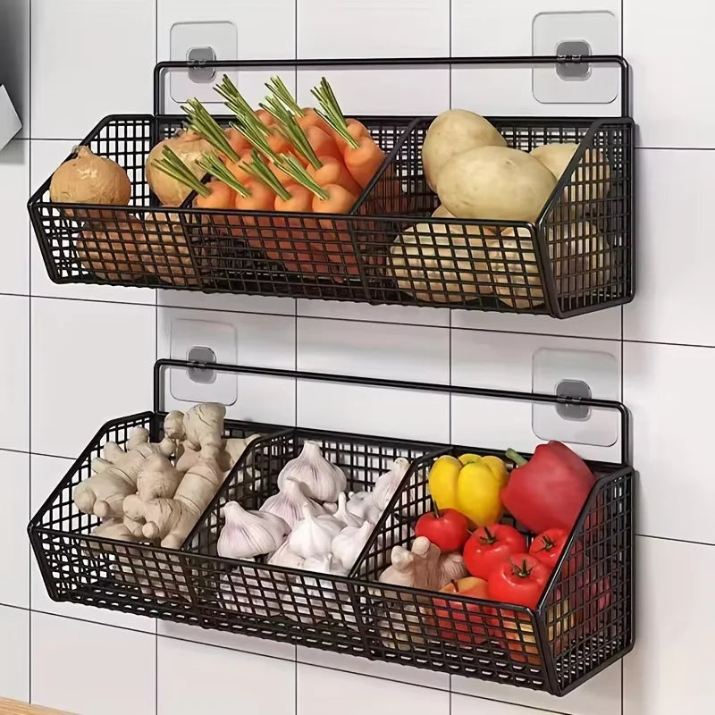 KITCHEN BASKET 3in1 Storage Rack | For Onion, Garlic & Ginger | Rustproof & Wall-mounted – Black