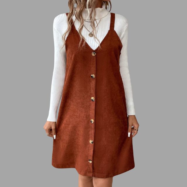 Sylis cord dress with straps, V neck and button details