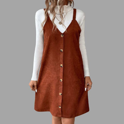 Sylis cord dress with straps, V neck and button details