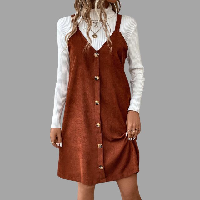Sylis cord dress with straps, V neck and button details