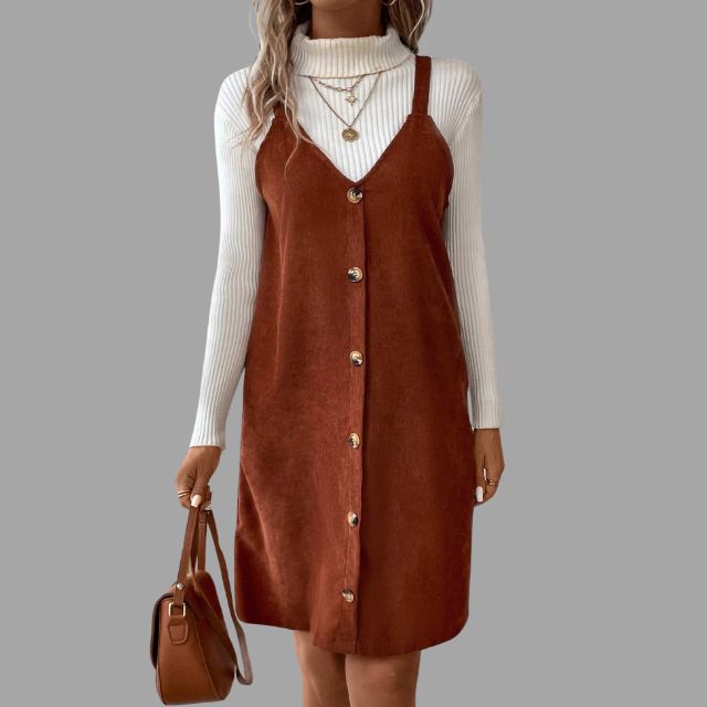 Sylis cord dress with straps, V neck and button details