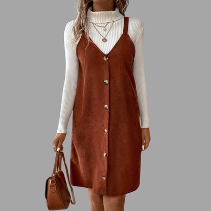 Sylis cord dress with straps, V neck and button details