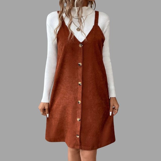 Sylis cord dress with straps, V neck and button details