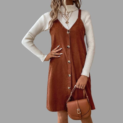 Sylis cord dress with straps, V neck and button details