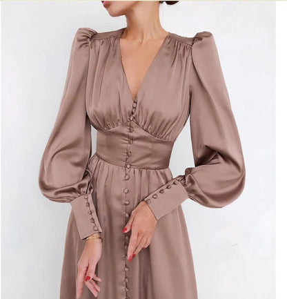 Sylis | Elegant party dress with V neck and puff sleeves for women
