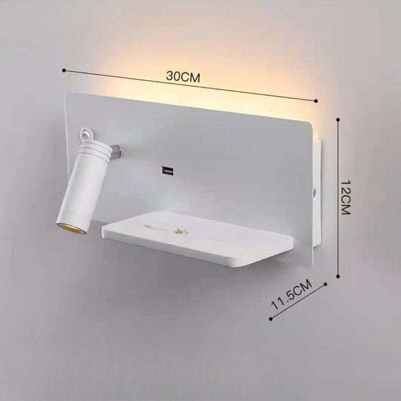 Modern LED wall lamp with USB connection, wall lamp with shelf for bedroom & office
