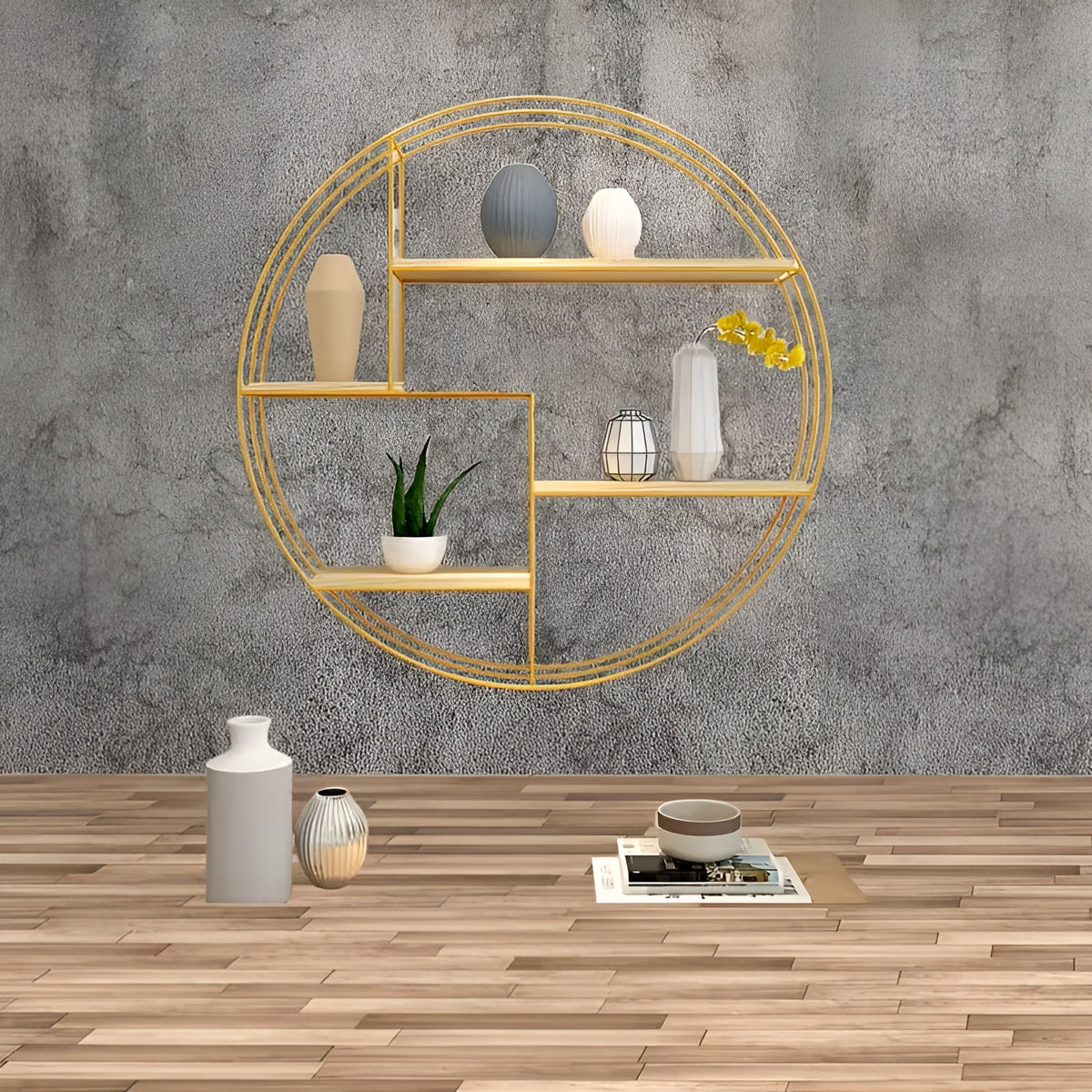 Round Wall Shelf with 4 Levels – Retro Design made of Wood & Metal