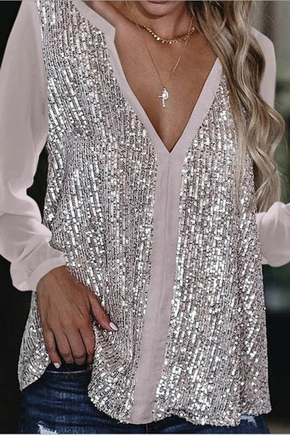 Sylis-Mode | Long Sleeve Sequin V Neck Blouse