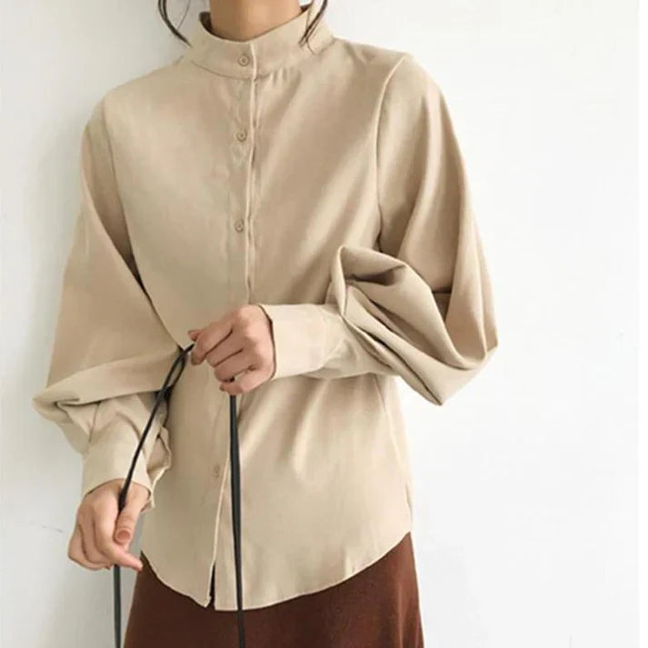 Sylis-Mode | Classic polo collar blouse with balloon sleeves