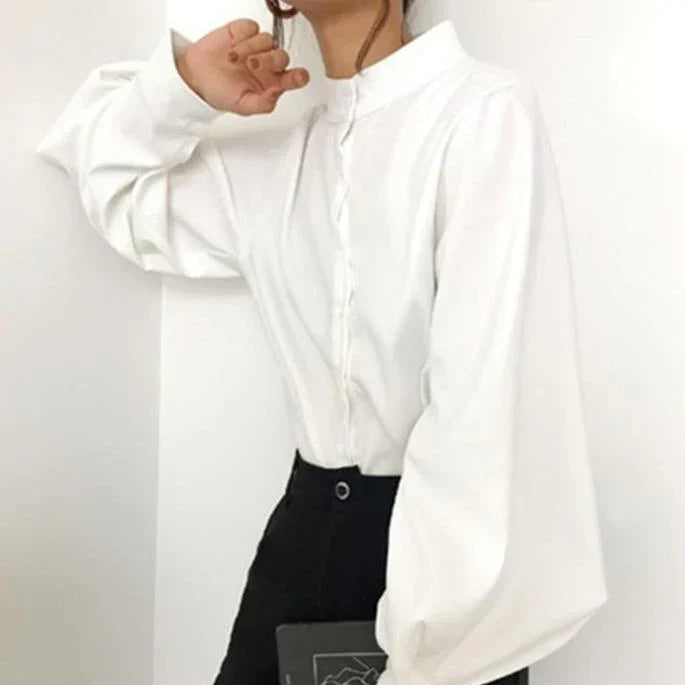 Sylis-Mode | Classic polo collar blouse with balloon sleeves