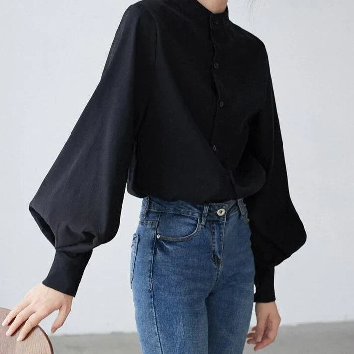Sylis-Mode | Classic polo collar blouse with balloon sleeves