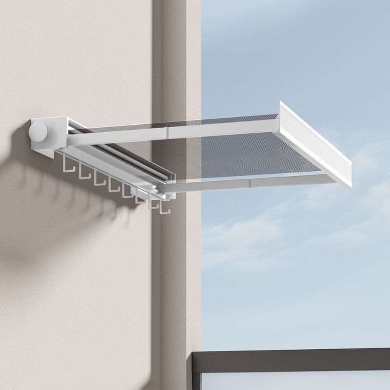 Wall-Mounted Foldable Clothes Drying Rack with Grid Shelf and Hook Rail